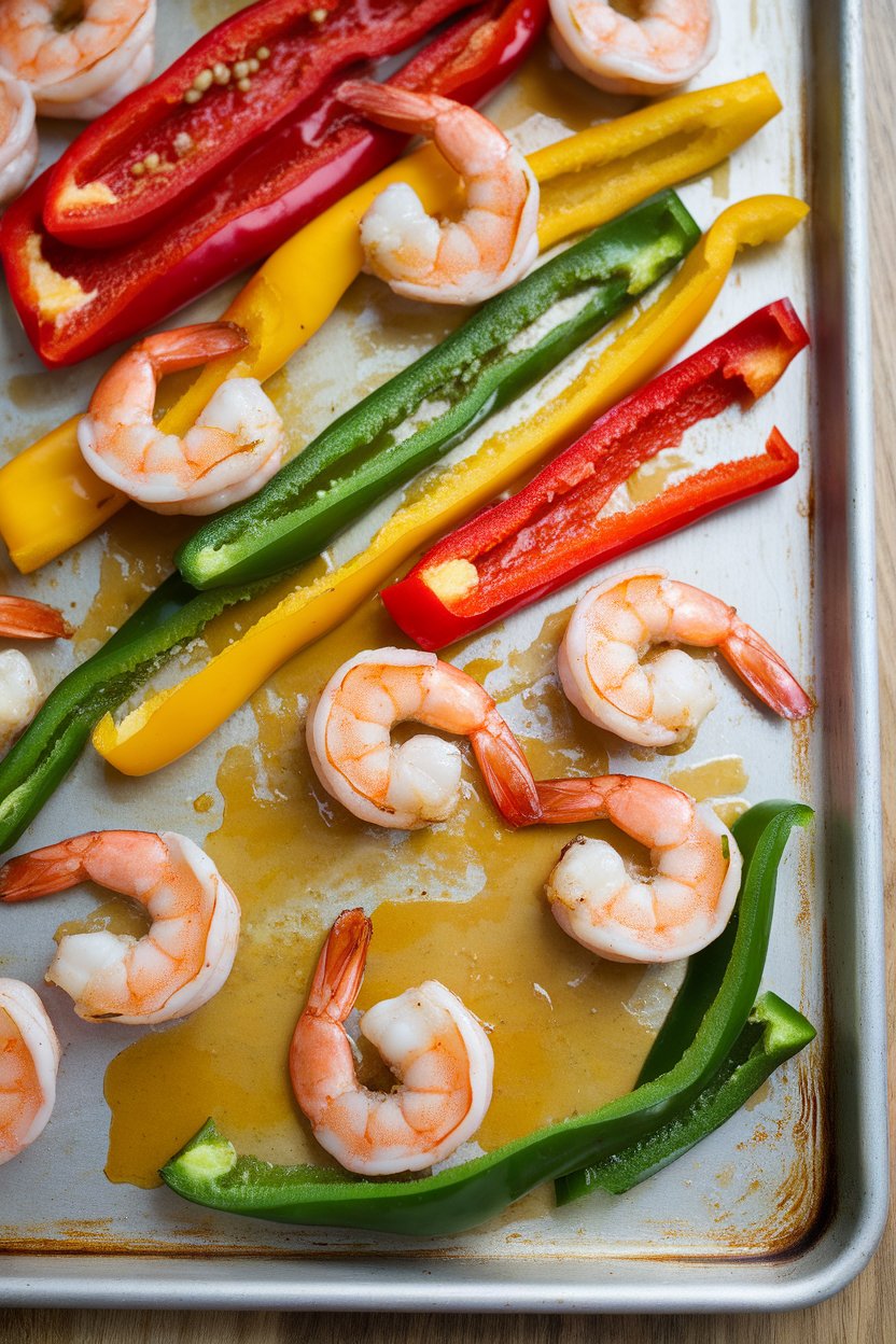 Indoor photo of roasted shrimp, tri-color pepper strips, and a coconut-lime glaze pooling on a sheet pan. No text or logos.