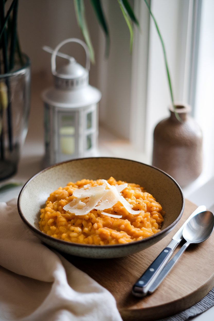 A softly lit indoor dining scene with a shallow bowl of creamy butternut squash risotto topped with shaved Parmesan. No text or logos. Photo, not illustration.