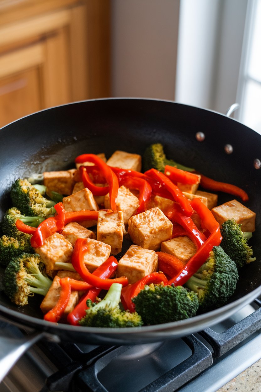 Indoor stovetop scene showing a wok filled with golden tofu cubes, broccoli florets, and red bell pepper strips coated in a glossy teriyaki sauce. No text or logos. Photo only.
