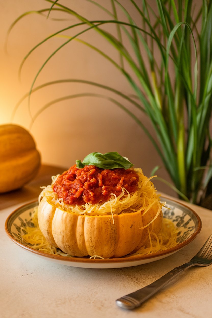 An indoor dining setup with a plate of roasted spaghetti squash strands crowned with turkey marinara sauce and fresh basil. Warm spot lighting; no branding.