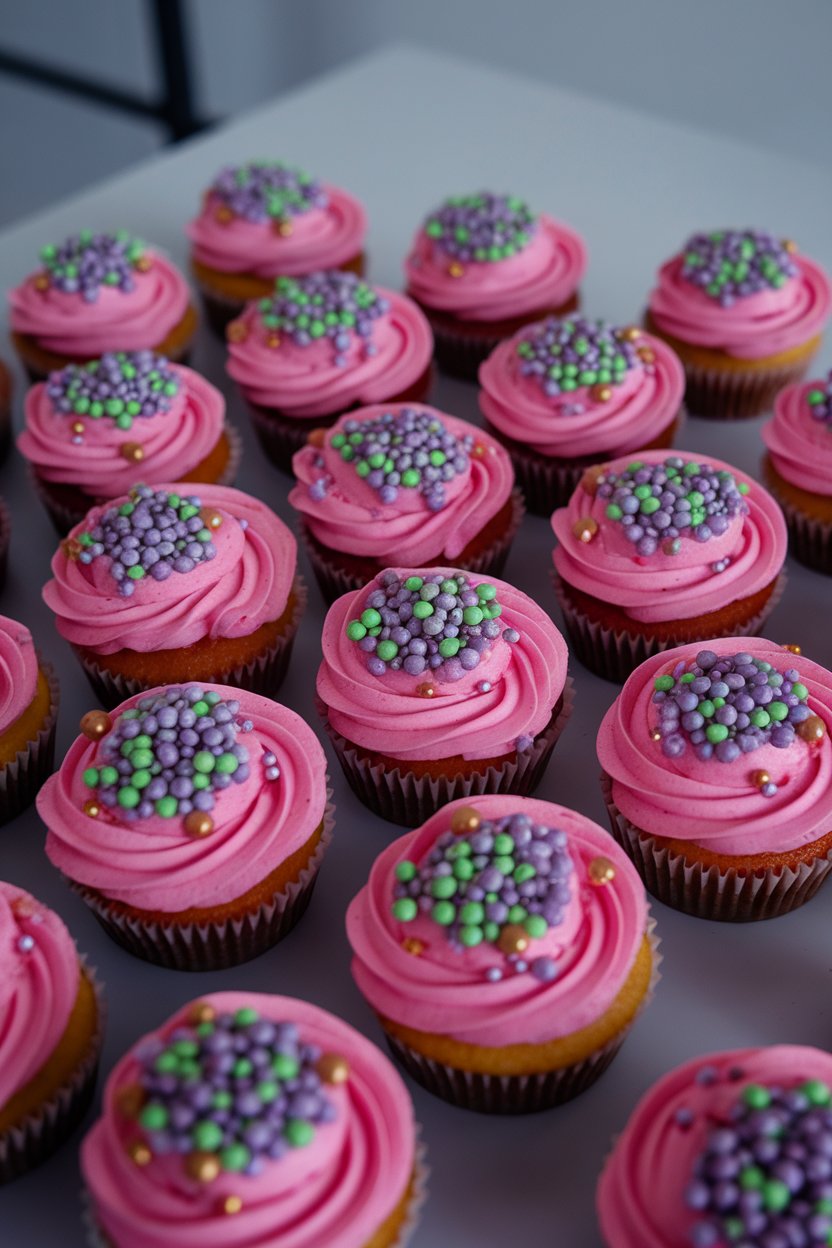 Indoor photo of bright pink frosted cupcakes with speckled candy bead sprinkles in purple, green, and gold, no text or logos