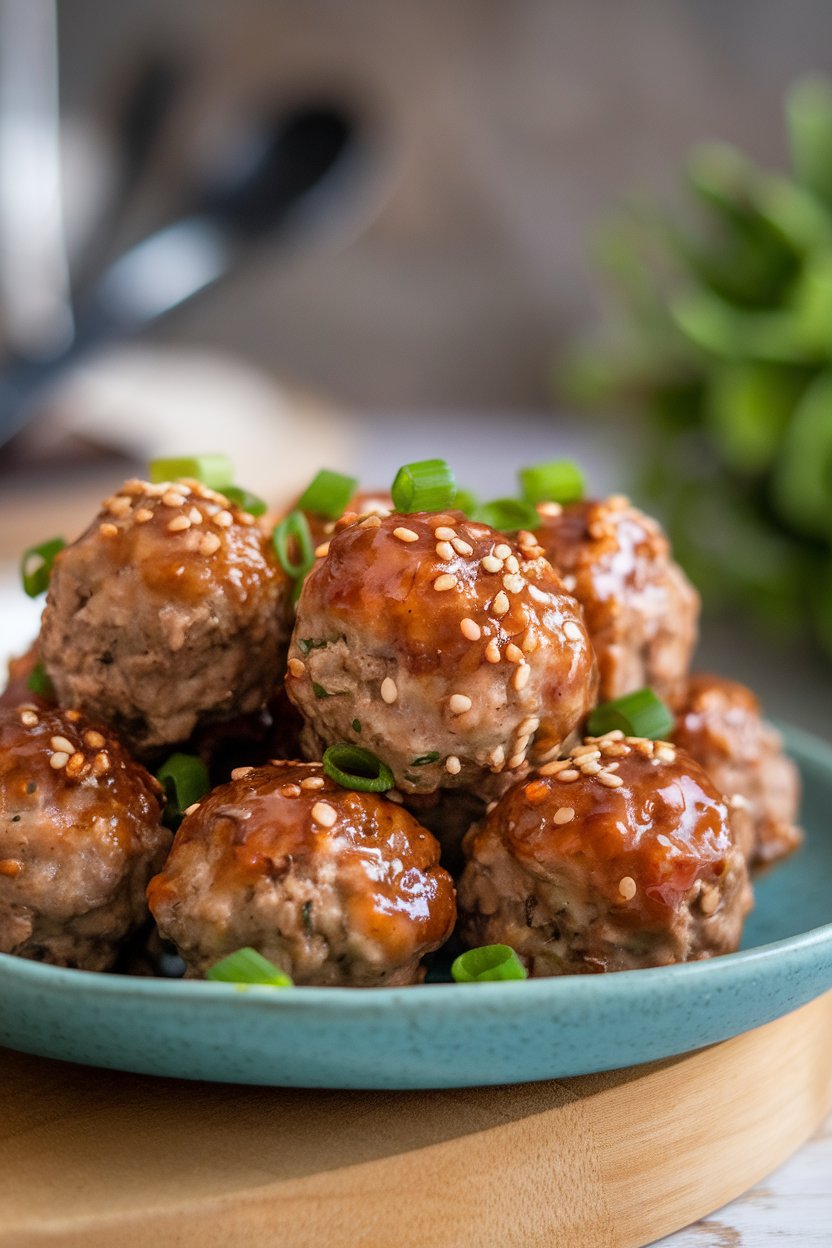 An indoor plate of glazed turkey meatballs sprinkled with sesame seeds and green onions; no text or branding.