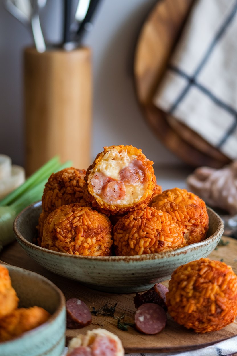 A cozy indoor kitchen setting with golden jambalaya arancini piled in a shallow bowl, specks of sausage and shrimp visible in the rice. No logos on dishware.
