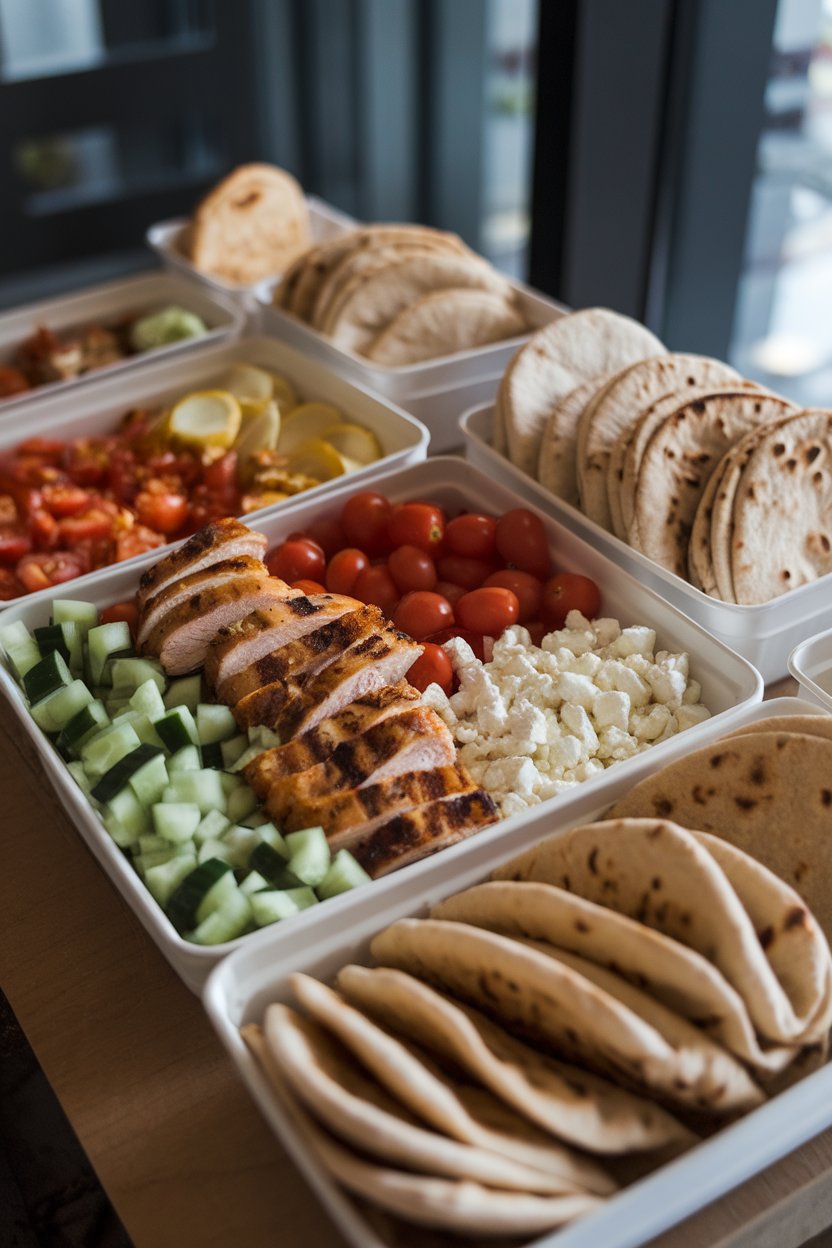 Photo shot indoors of containers holding grilled chicken strips, chopped cucumbers, cherry tomatoes, feta crumbles, and folded whole-wheat pitas, no logos visible.