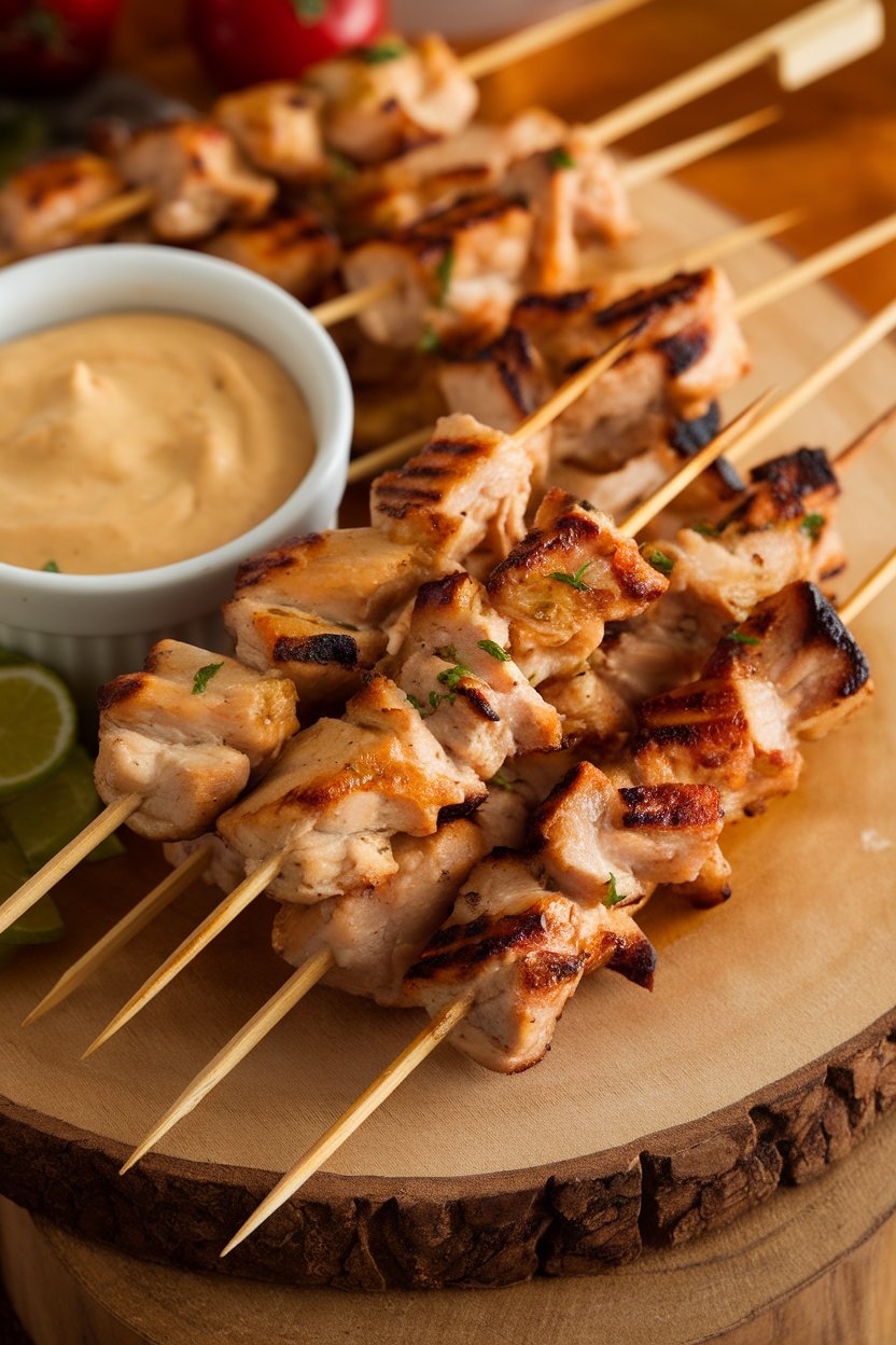 Photo of bite-size grilled chicken skewers on a platter with a small bowl of creamy peanut sauce, all under warm indoor lighting. No text or logos.