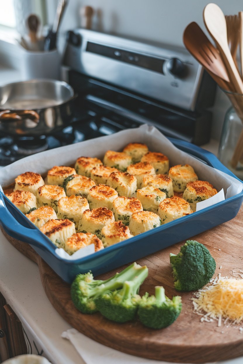 A baking dish on an indoor countertop holding bite-sized broccoli cheddar rounds, cheese melted and edges browned; no text or logos.