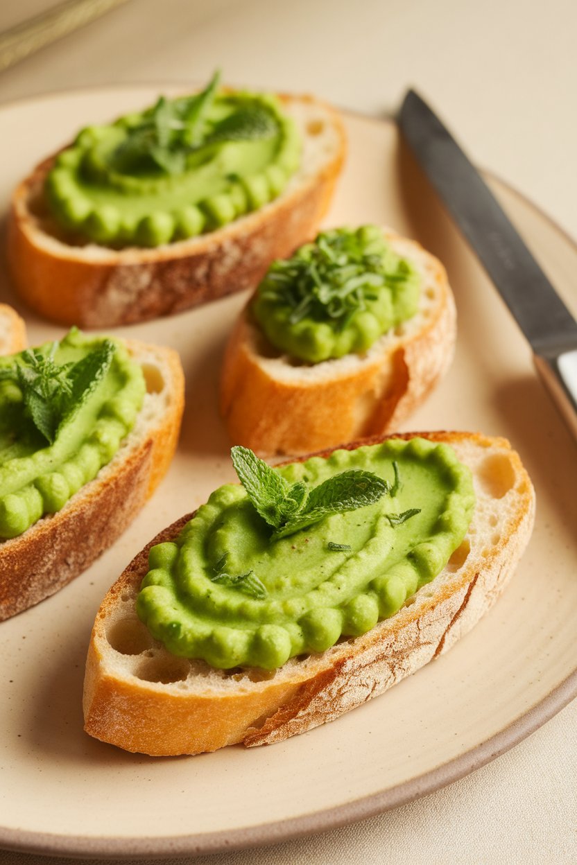 An indoor platter of toasted baguette slices topped with mashed green peas and mint shreds. No text or logos.