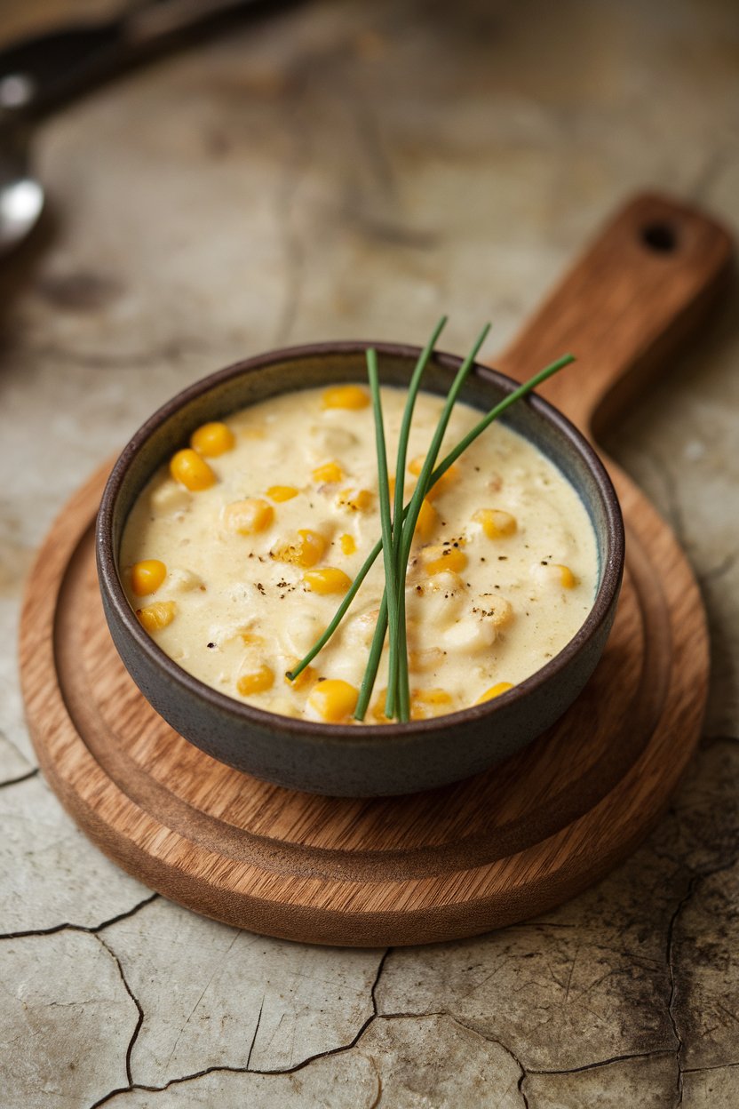 Indoor soup bowl filled with creamy corn and cheddar chowder, sprinkle of chives on top. No text or logos. Photo, not illustration.