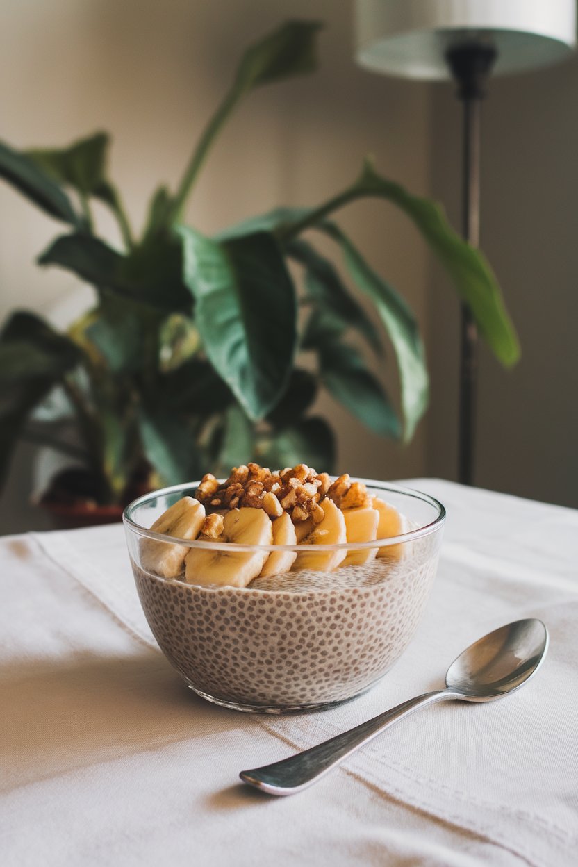 Indoor photo of a clear bowl with creamy chia pudding topped with banana slices and crushed walnuts on a dining table. No text or logos.