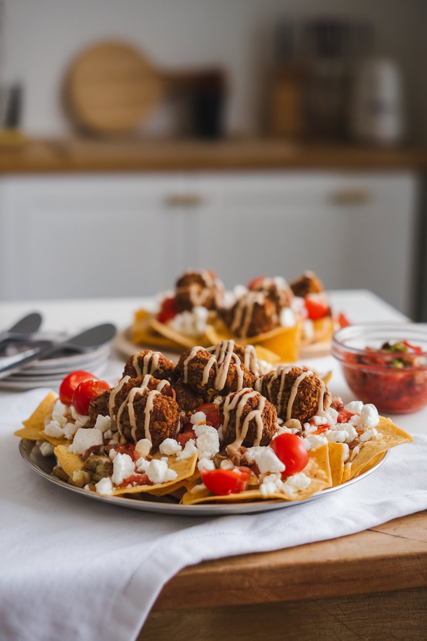 Indoor kitchen table featuring nachos with crumbled falafel, tahini drizzle, cherry tomatoes, and feta; no text or logos, photo not illustration.