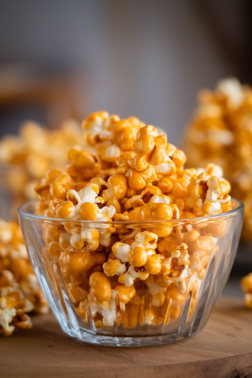 An indoor glass bowl filled with glossy caramel popcorn clusters, no visible text or logos.