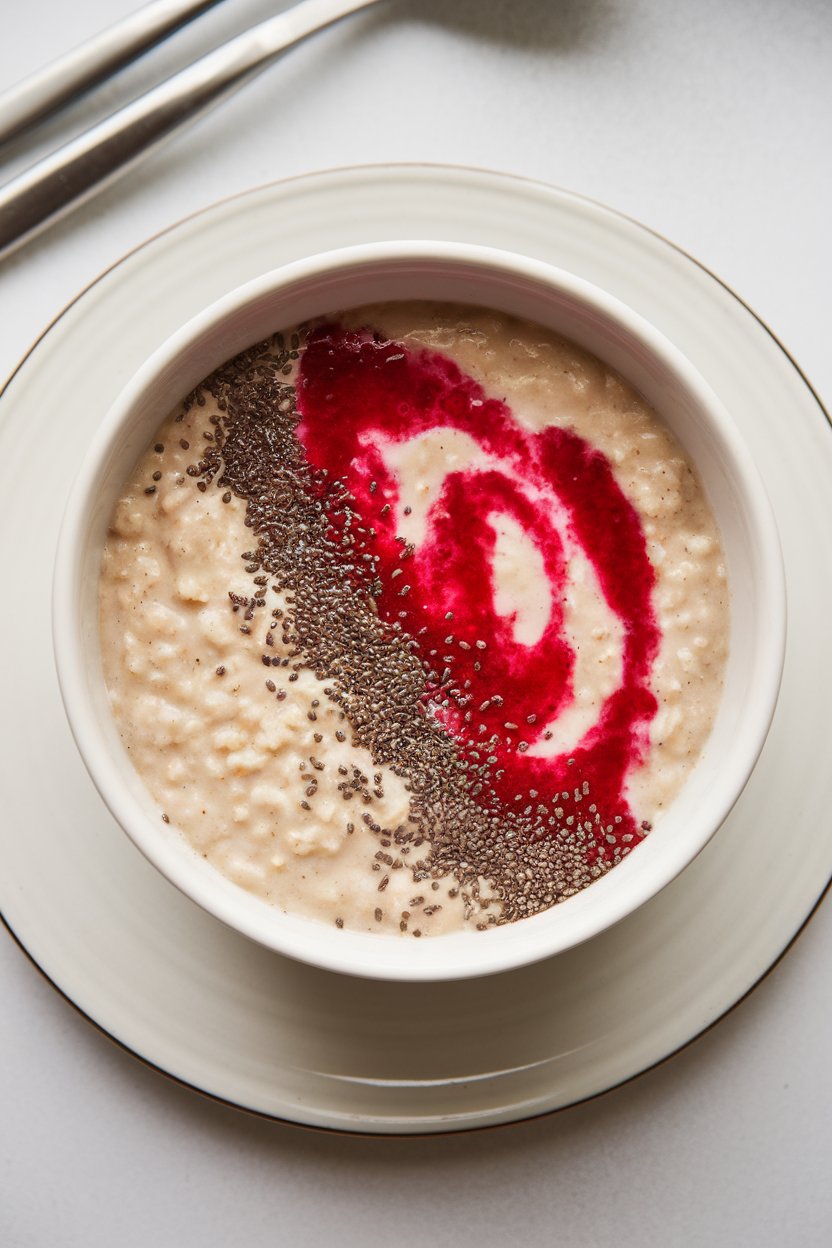 Indoor photo of creamy oatmeal in a white bowl with a vivid raspberry puree swirl and a sprinkle of chia seeds, no text or logos