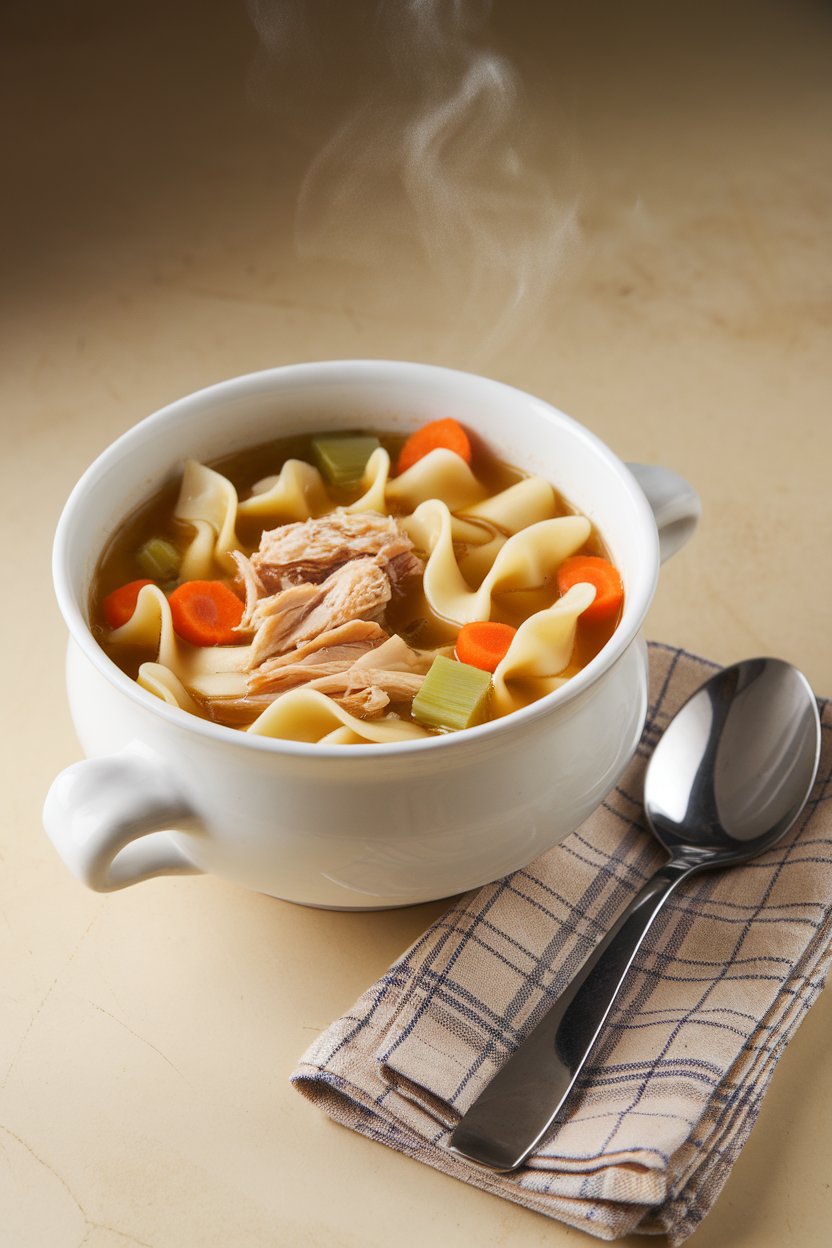 An indoor kitchen table with a white ceramic bowl of steaming chicken noodle soup—shredded chicken, wide egg noodles, carrots, and celery in golden broth. A soup spoon rests on a folded cloth napkin; no text or logos anywhere. Photo, not illustration.