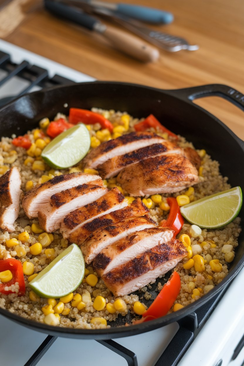 A cast-iron skillet on an indoor stove containing seared chicken strips, cooked quinoa, corn kernels, and bell pepper pieces, garnished with lime wedges. No text or logos. Photo only.