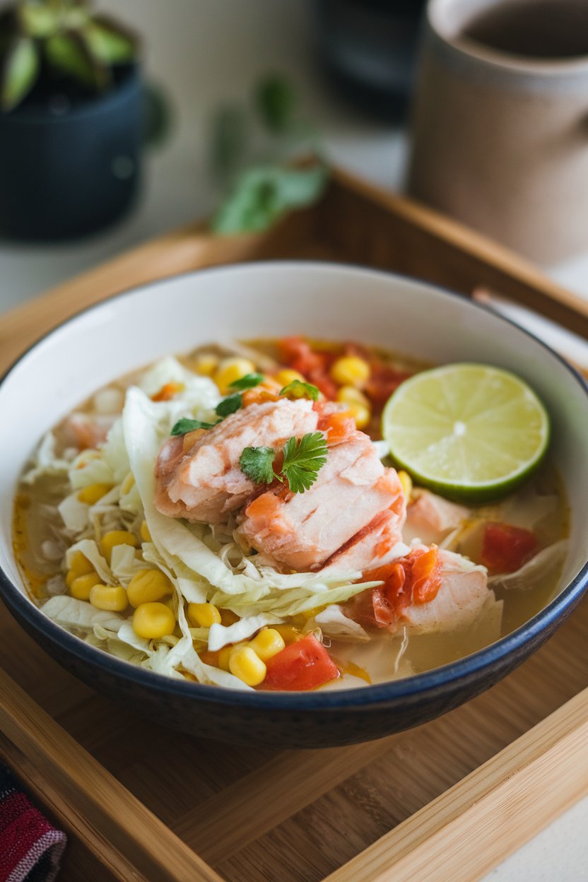 Indoor image of fish taco soup—chunks of cooked white fish, shredded cabbage, corn, and diced tomatoes in light broth, lime wedge on side. No text or logos. Photo.
