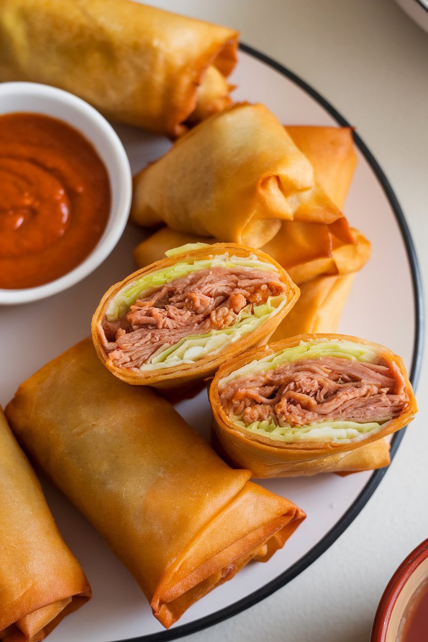 An indoor platter with golden fried egg rolls cut on the bias to reveal a filling of pulled pork and cabbage, sweet chili dipping sauce nearby. No text or logos. Photo, not illustration.