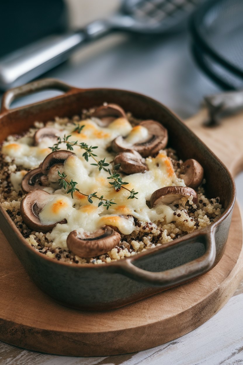 Indoor photo of a rustic baking dish filled with quinoa, sautéed mushrooms, and melted Swiss cheese, garnished with thyme. No logos or writing.