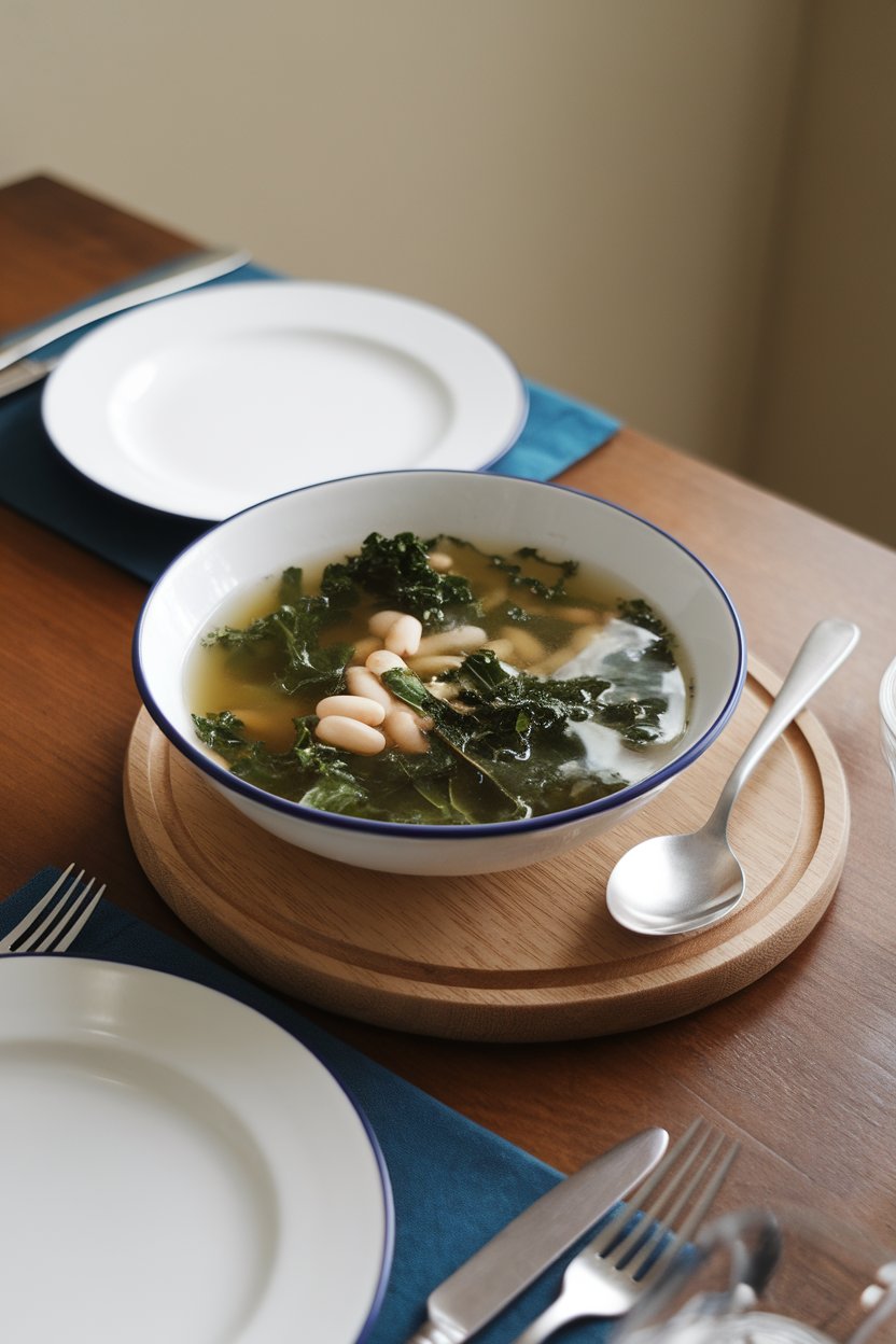 Indoor dining table with a bowl of clear broth soup containing kale ribbons and white beans. No text or logos.