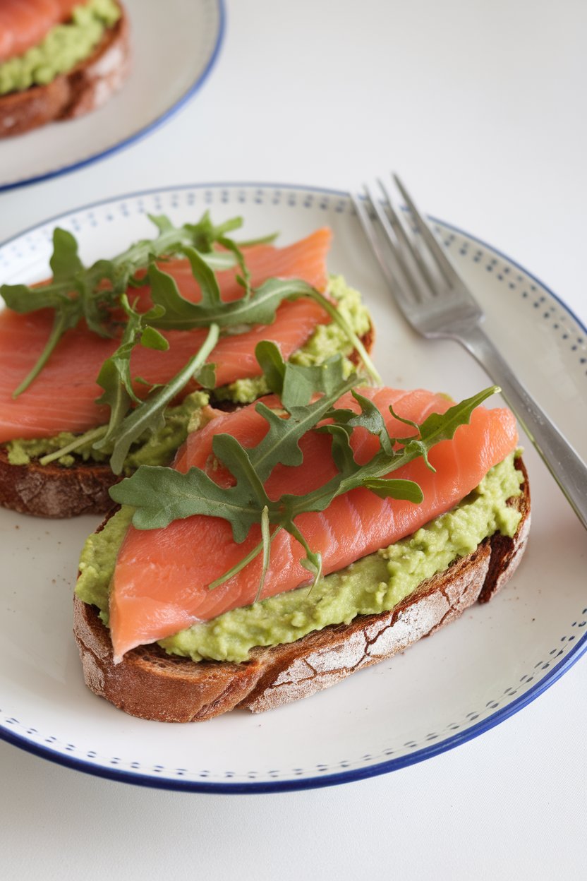 Indoor breakfast plate with whole-grain toast spread with mashed avocado, thin slices of smoked salmon, and fresh arugula leaves on top. No text or logos. Photo only.