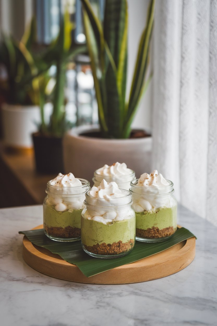 Indoor cafe scene with small glass jars layered with matcha cheesecake, cookie crumbs at the base, and whipped cream topping. No text or logos.