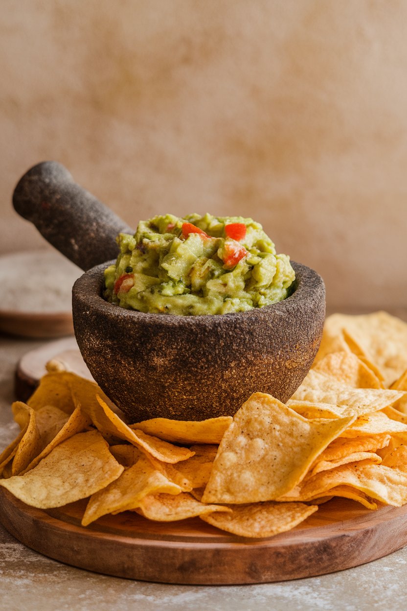 Indoor photo of a rustic mortar filled with chunky guacamole, flanked by a pile of tortilla chips on a wooden board. No logos or text visible.