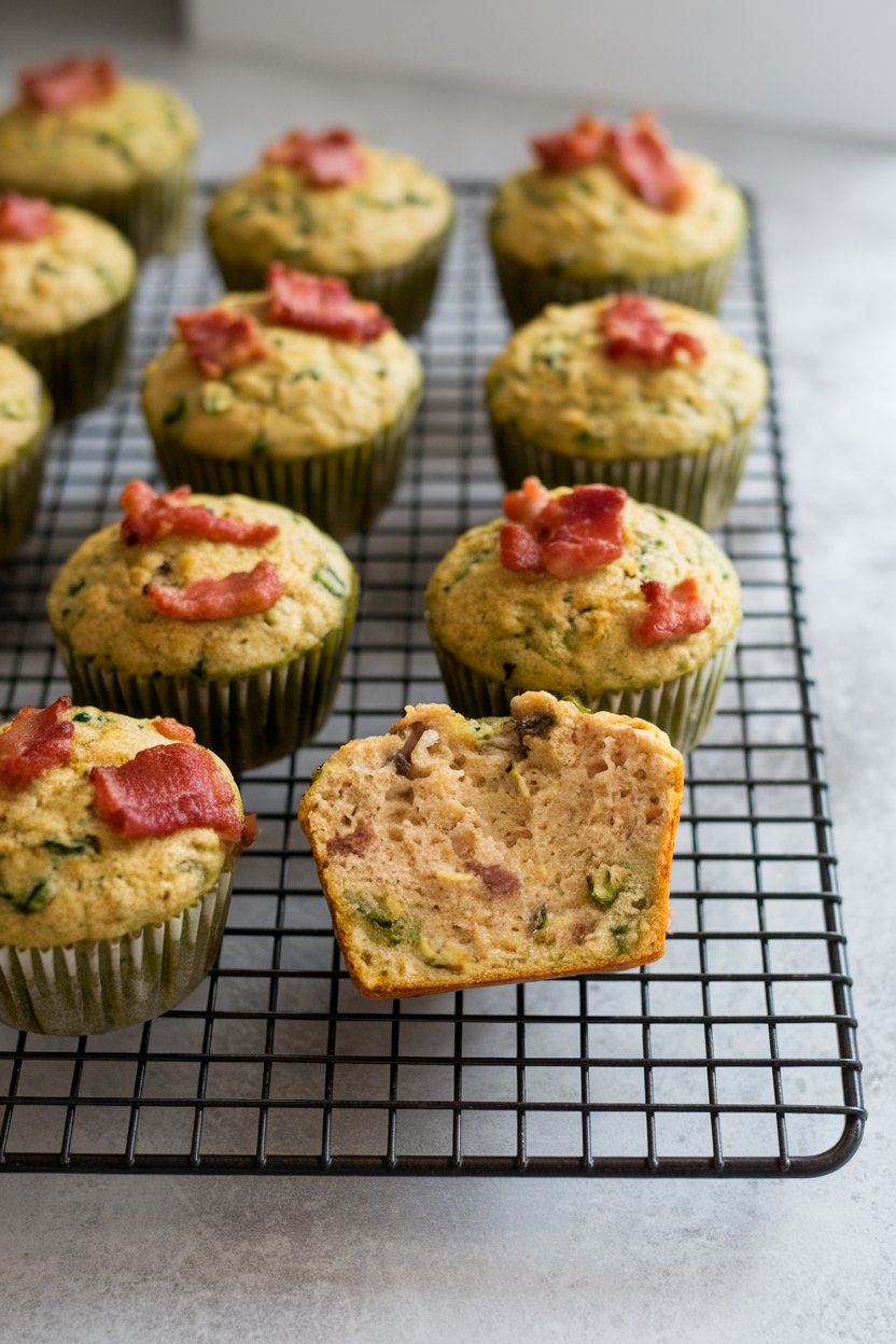An indoor cooling rack with savory muffins showing green zucchini flecks and bits of turkey bacon, one muffin halved. No text or logos. Photo, not illustration.