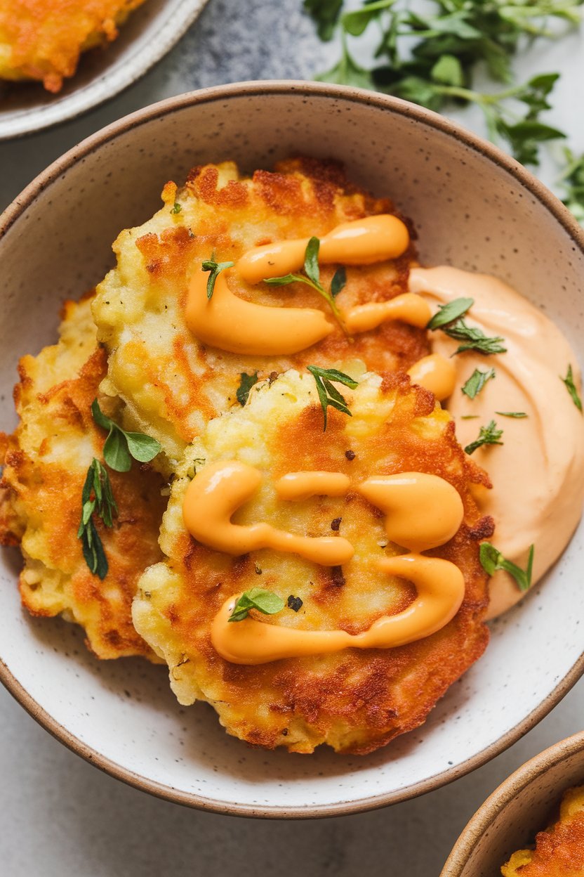 Indoor photo of golden fried grit fritters served in a small bowl with spicy aioli; no text or logos