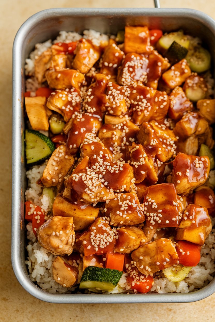 Indoor photo of diced chicken, vegetables, and rice glazed in teriyaki sauce, baked in a rectangular pan, garnished with sesame seeds. No logos present.