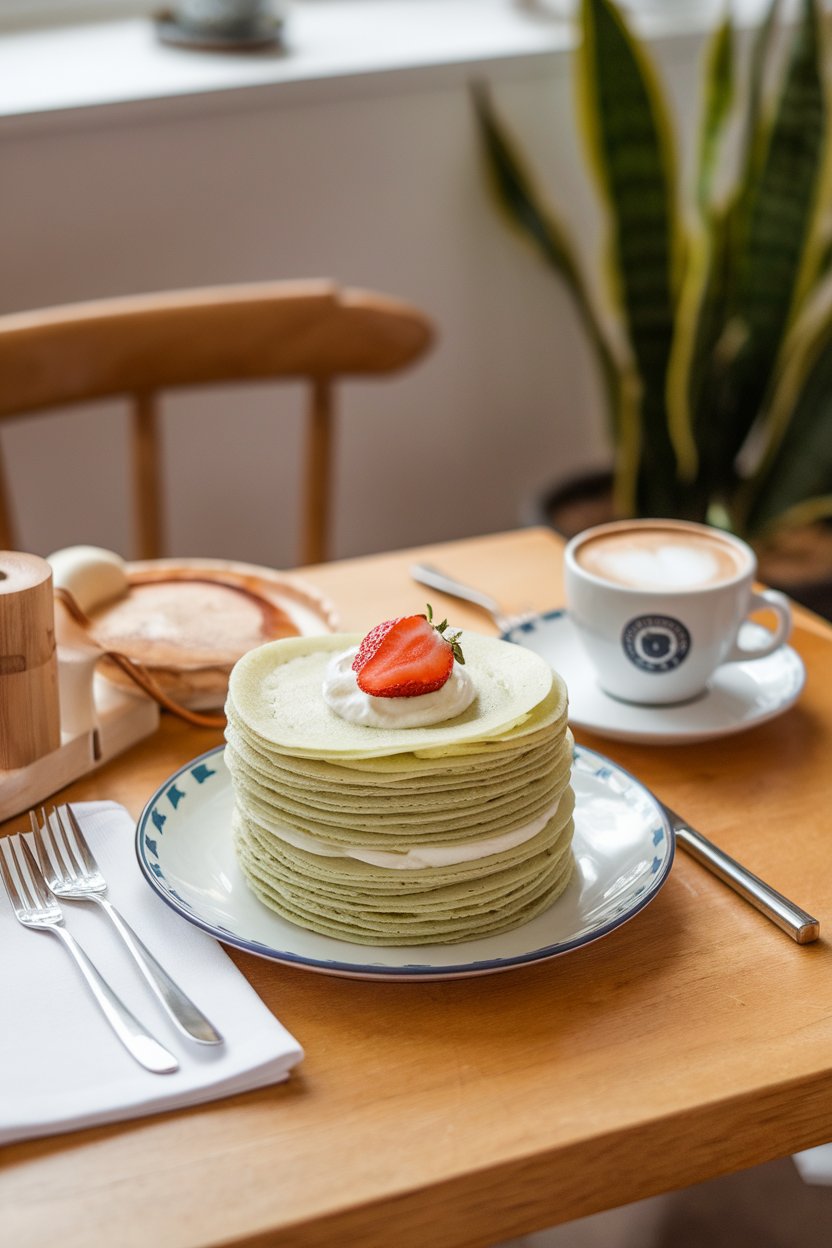 An indoor brunch table featuring a tall stack of pale green crêpes layered with vanilla pastry cream, a single sliced strawberry on top, no text or logos. Photo only.