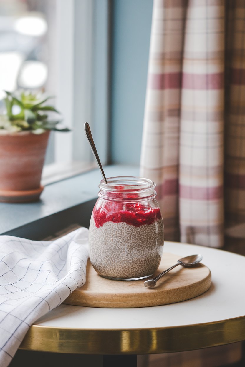 An indoor cafe-style table holding a glass jar of thick chia pudding layered with raspberry purée, small spoon leaning on the jar. No text or logos present. Photo, not illustration.