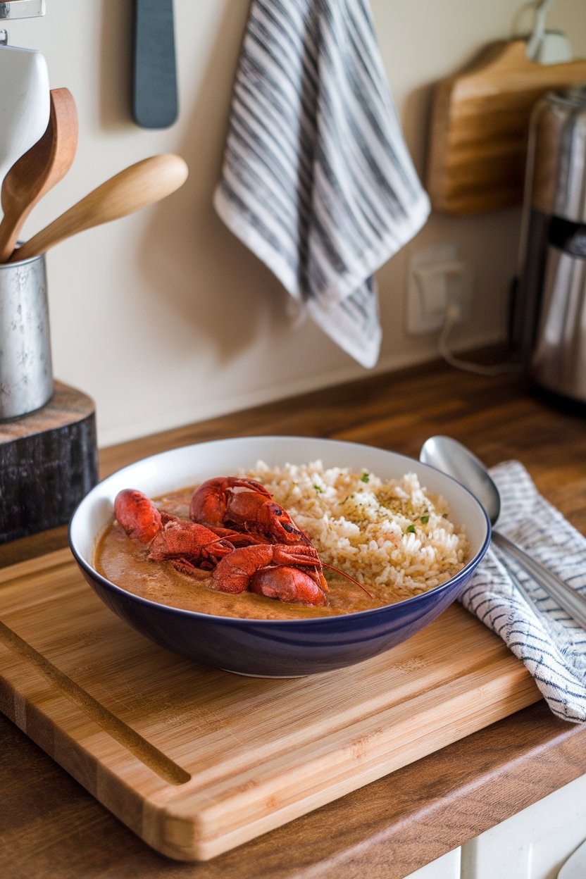 An indoor kitchen counter scene with a bowl of crawfish étouffée, tails visible in a rich tan sauce alongside fluffy rice. Photo, no text or logos.