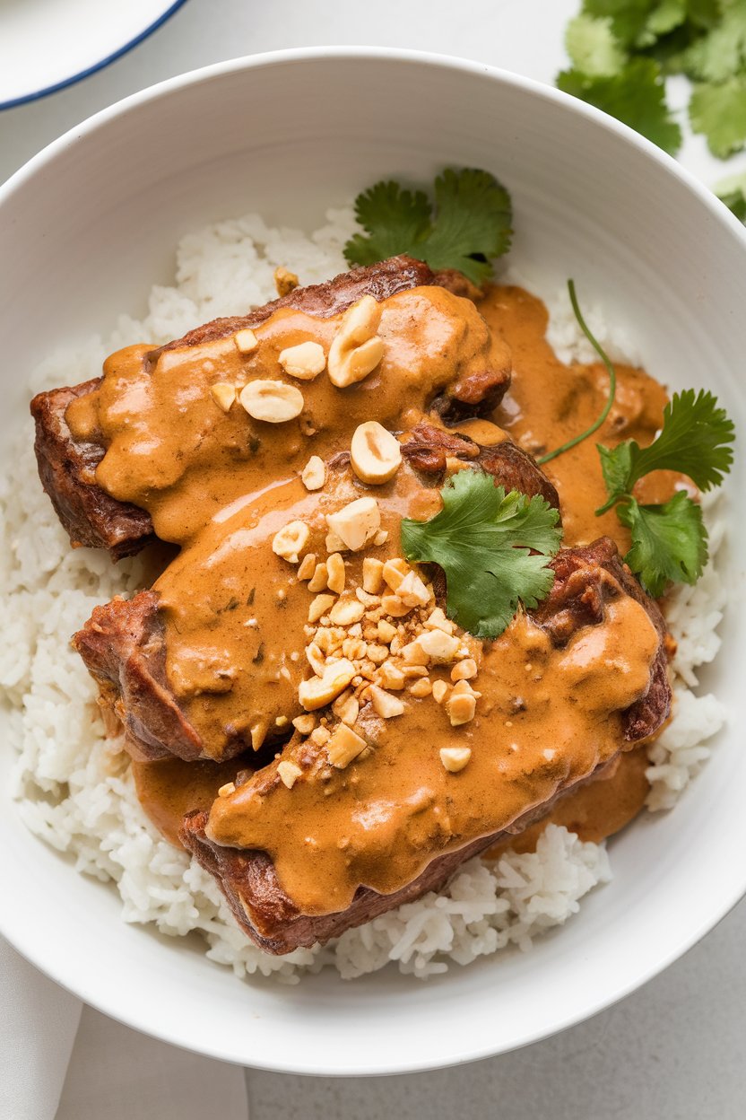 Indoor photo of short ribs coated in a creamy peanut-coconut sauce, garnished with crushed peanuts and cilantro; no text or logos