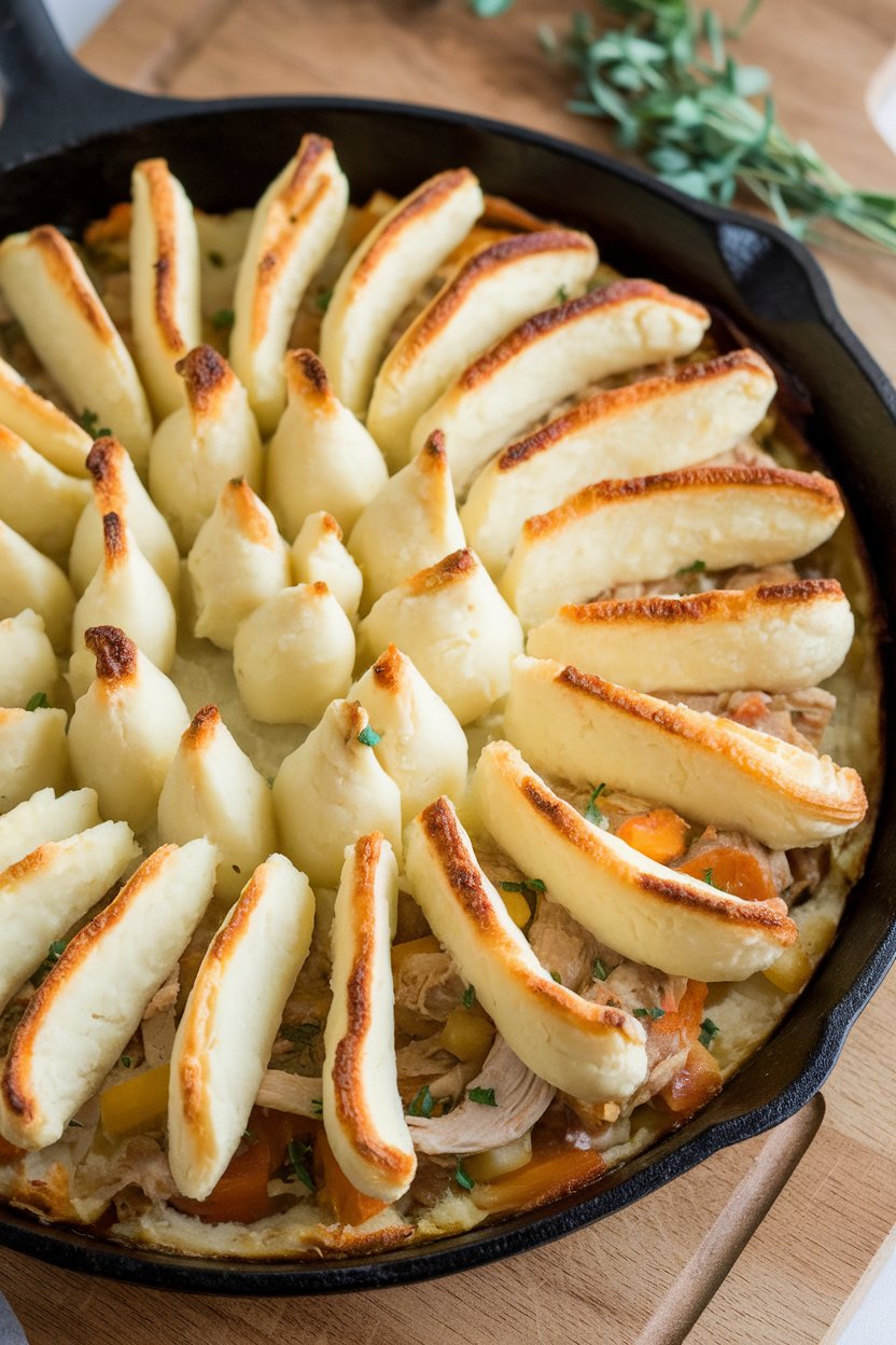 Indoor casserole dish of chicken shepherd’s pie topped with piped mashed potatoes, golden brown. Photo.