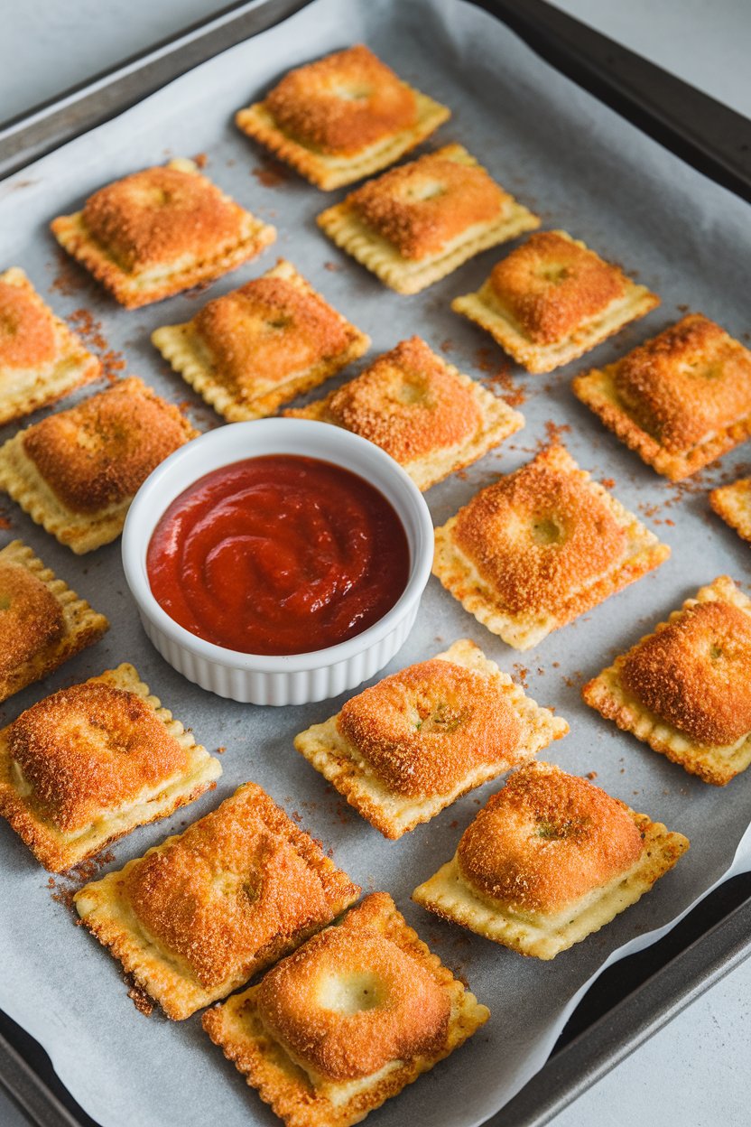 An indoor baking sheet lined with toasted breaded ravioli, marinara dipping sauce in a small bowl. No text or logos. Photo, not illustration.