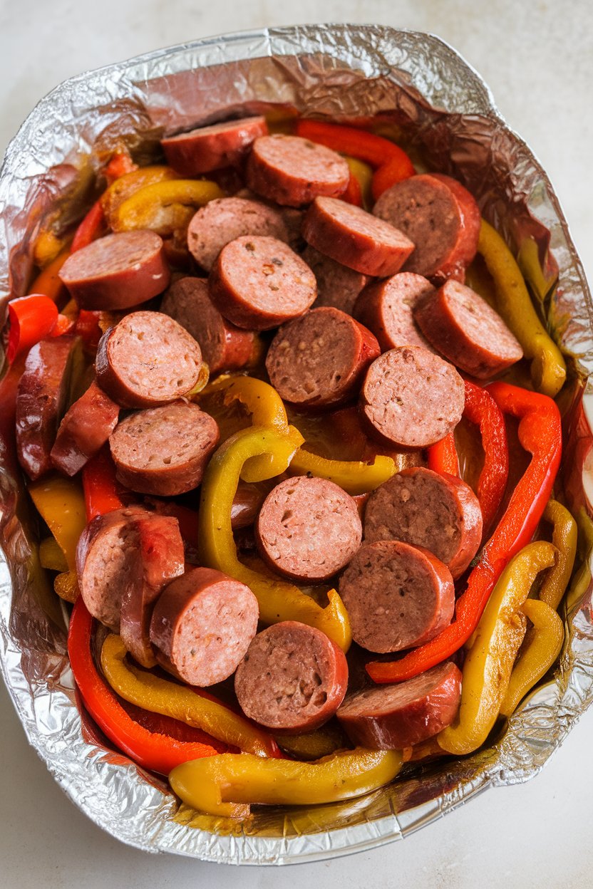 Indoor photo of sliced Italian sausage mixed with sautéed bell peppers and onions in a foil pan; no text or logos.