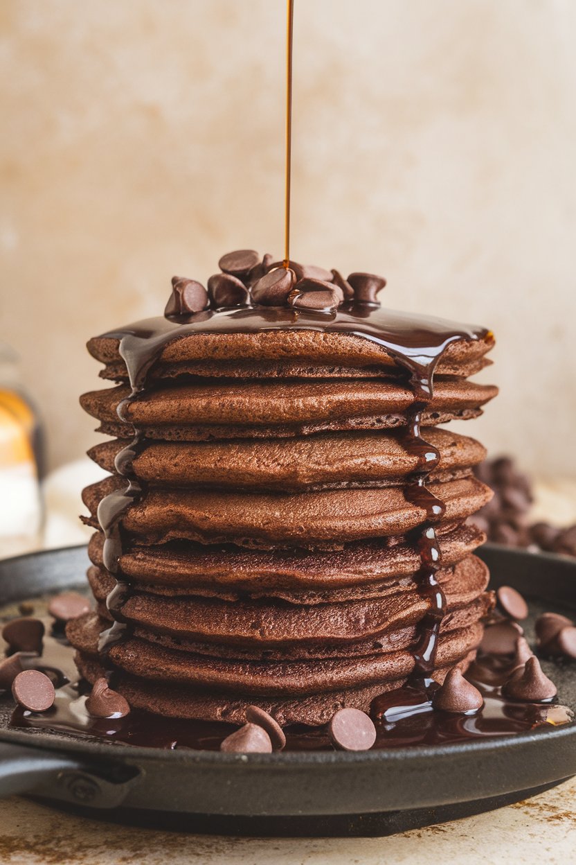 Indoor stack of dark chocolate pancakes dotted with chocolate chips, no text or logos.