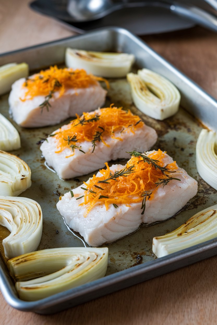 Indoor photo of cod fillets topped with orange zest and herbs, roasted fennel wedges caramelized nearby on a sheet pan. No text or logos present.
