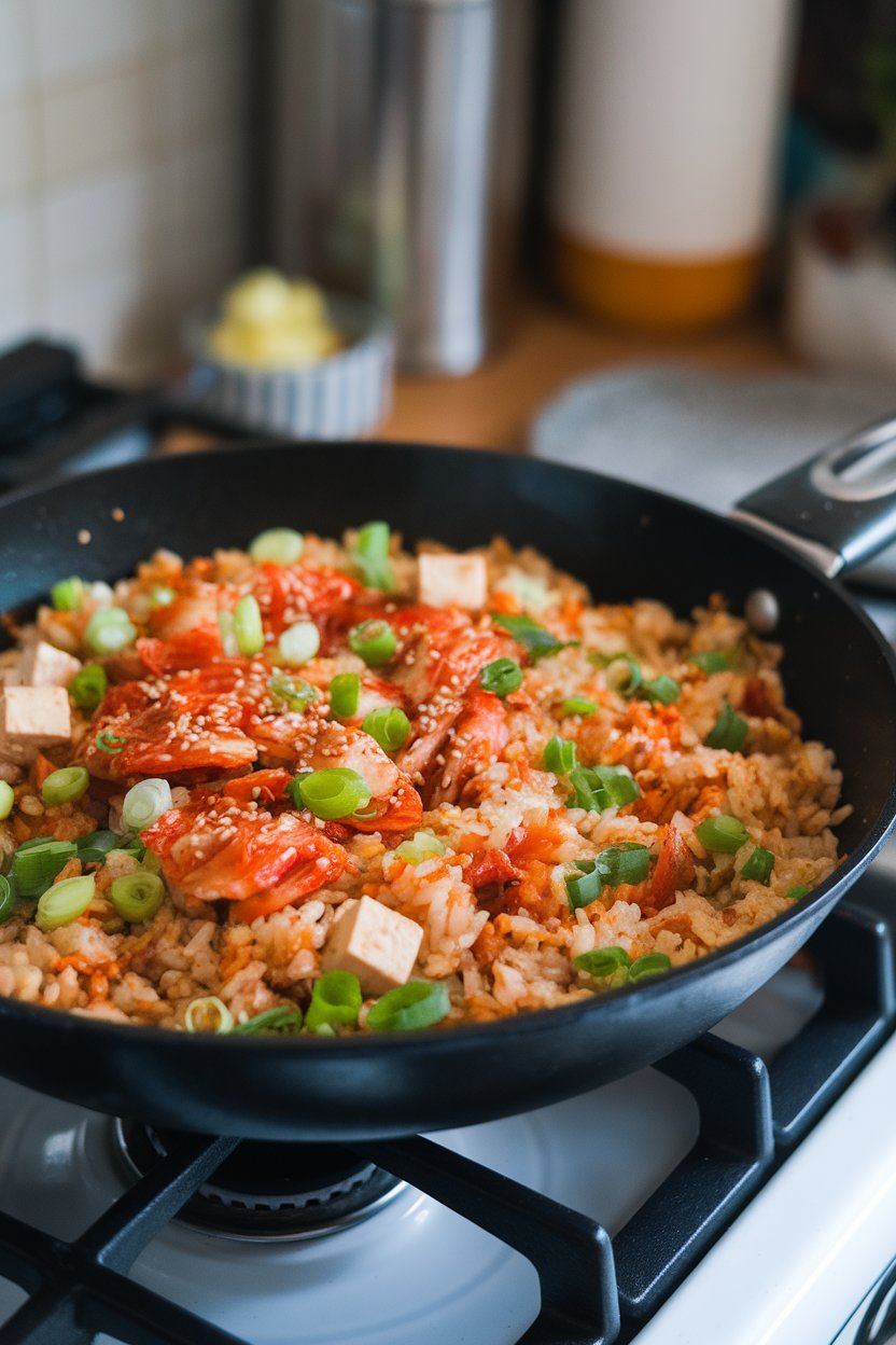 A skillet on an indoor range containing colorful fried rice dotted with kimchi, scallions, and tofu cubes, sesame seeds sprinkled on top. No logos or text. Photo.