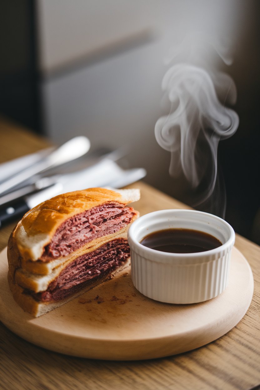 An indoor wooden board with a sliced French dip sandwich next to a small ramekin of au jus, steam curling upward; photo only, no text or logos.