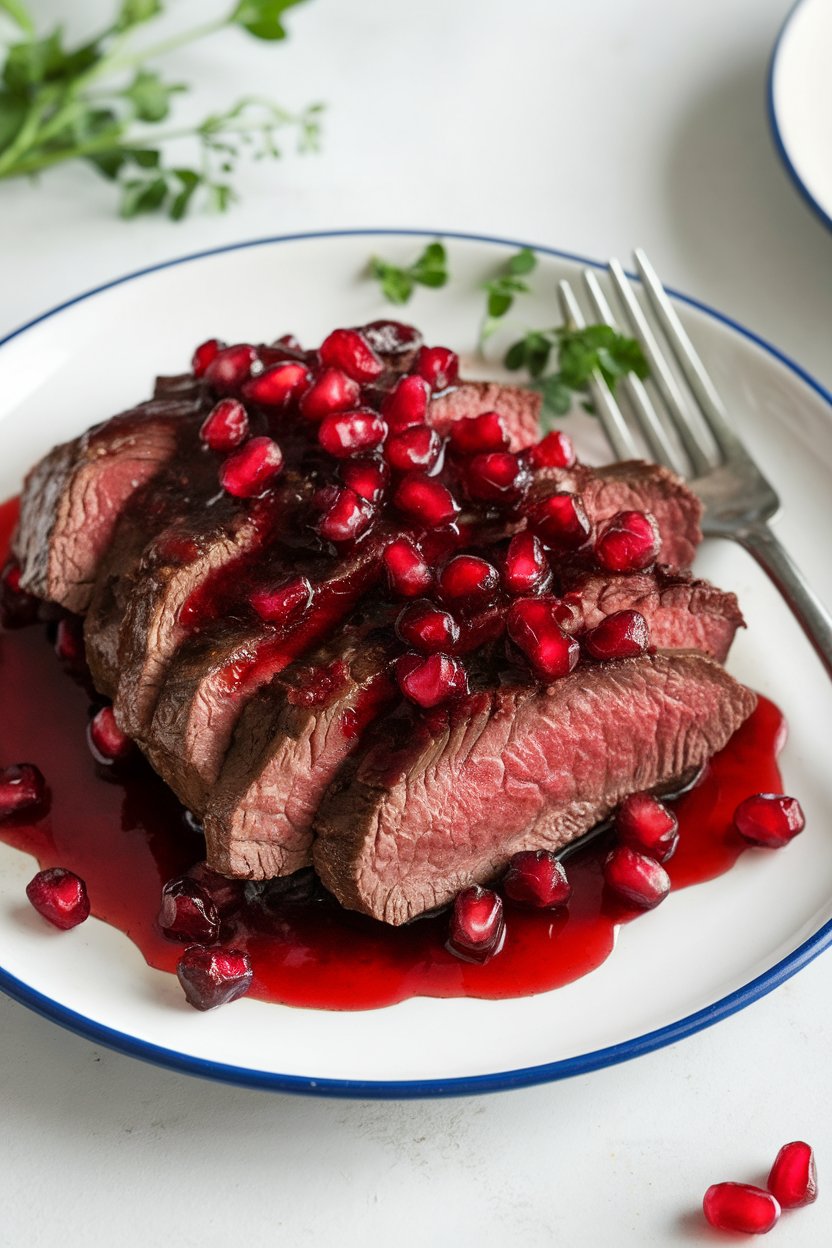 Indoor dish of beef topped with glossy, dark pomegranate glaze and pomegranate arils. No text or logos.