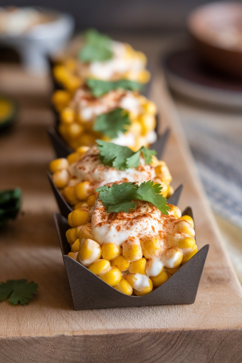 Photo prompt: Indoor row of small cups filled with roasted corn kernels coated in vegan crema, sprinkled with chili powder and cilantro. No text or logos. Photo, not illustration.