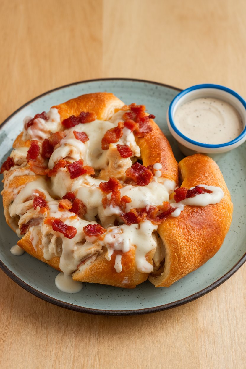 Indoor plate featuring crescent roll spirals stuffed with chicken, bacon bits, and melted cheese, ranch drizzle on top. No text or logos.