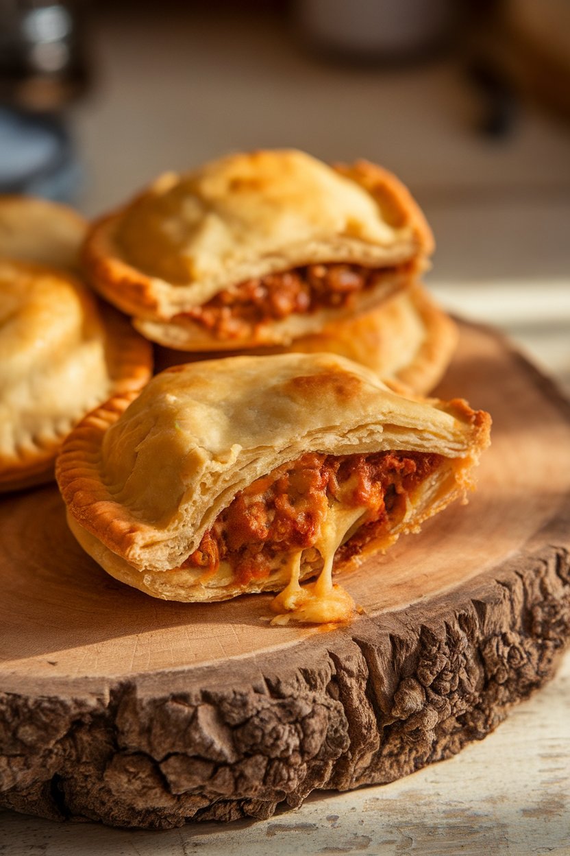 An indoor board with flaky golden hand pies split open to reveal gooey cheese and caramelized onion filling. No text or logos. Photo.