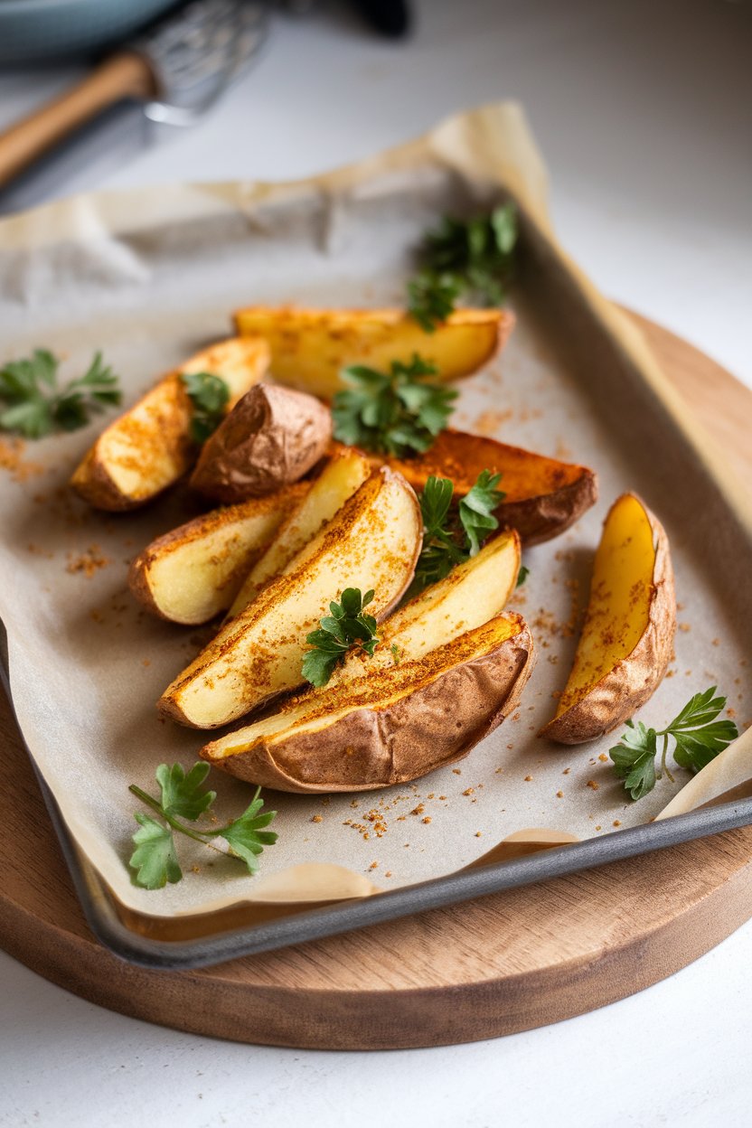 Indoor photo of a parchment-lined tray with roasted potato wedges dusted in Creole seasoning and parsley; no text or logos