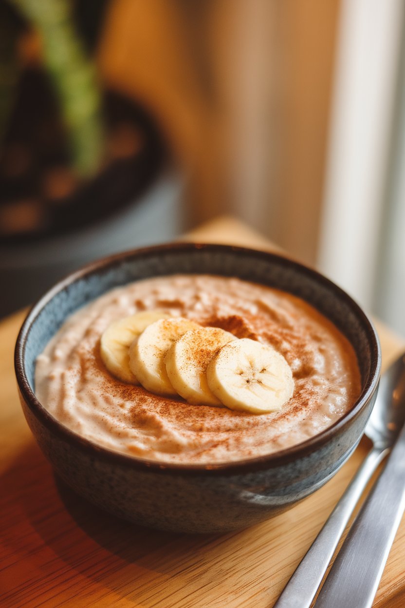 Indoor morning scene of a bowl of creamy oats garnished with sliced bananas and a sprinkle of cinnamon. No text or logos present.