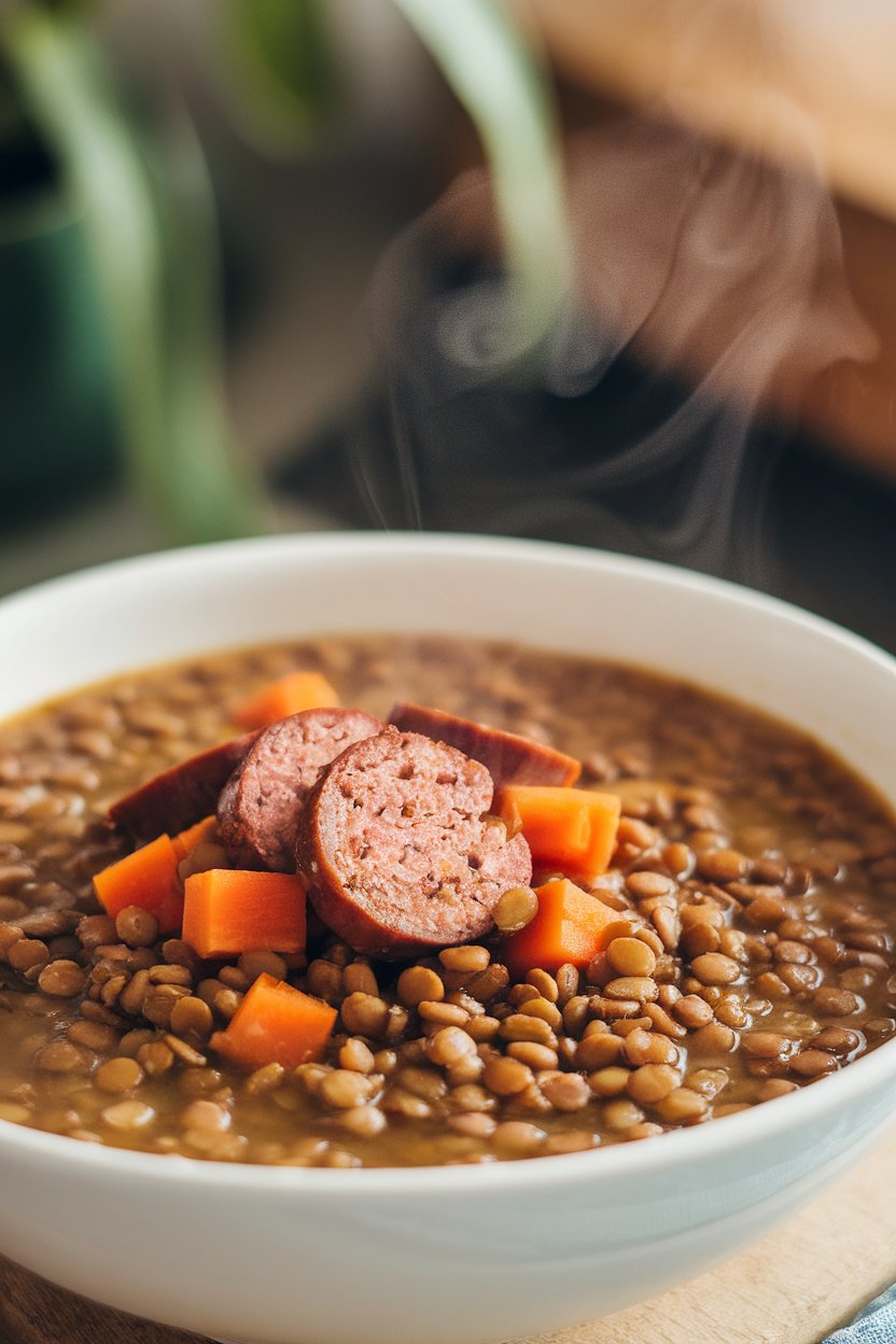 Indoor photo of a hearty lentil soup dotted with slices of browned sausage and diced carrots, steam rising under soft lighting; no logos or text.