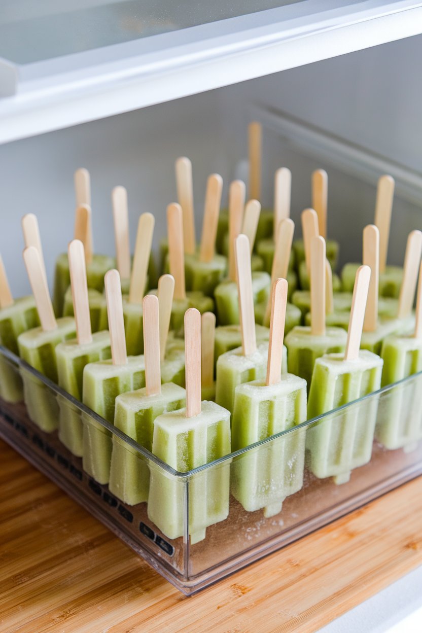 Indoor freezer-tray view of green kiwi lime ice pops held upright on wooden sticks, light frost visible. No text or logos.