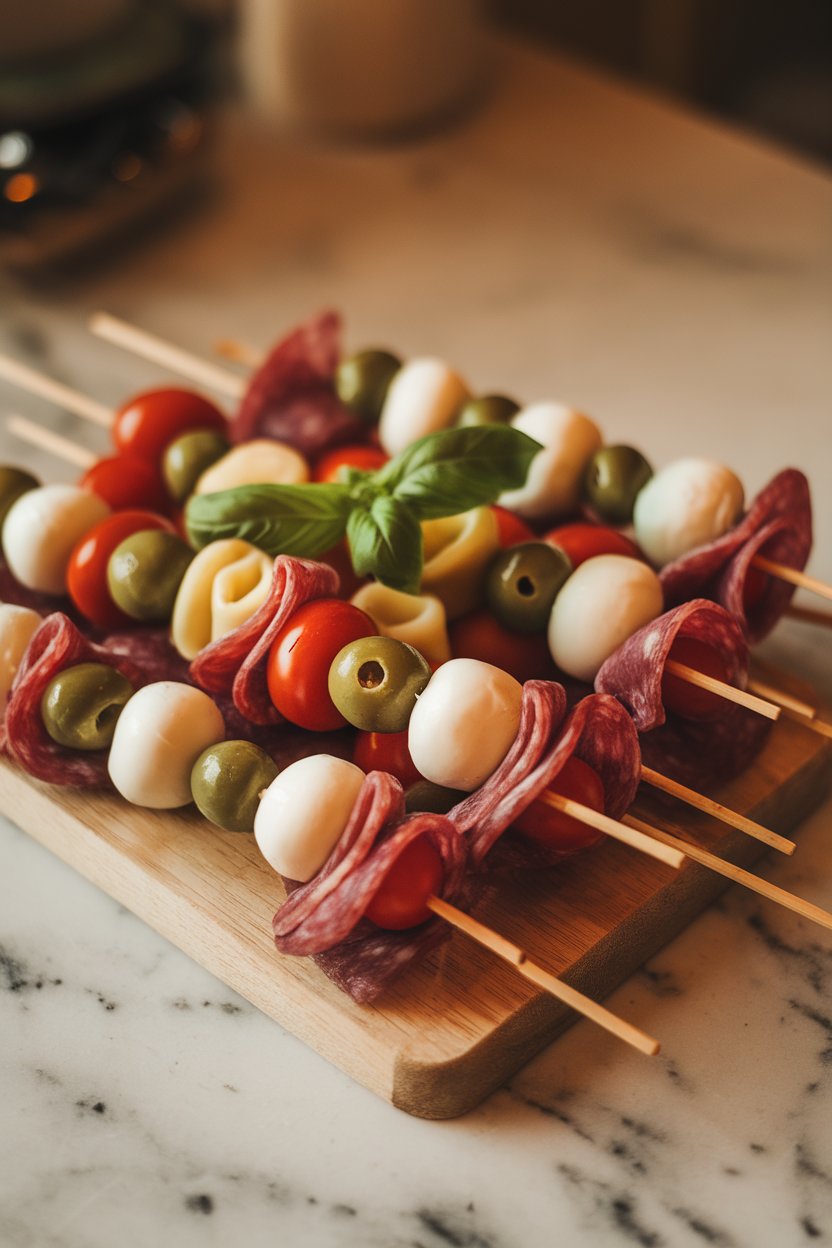 Indoor photo of skewers with salami, mozzarella, olives, tortellini, and cherry tomatoes arranged on a tray. No text or logos.