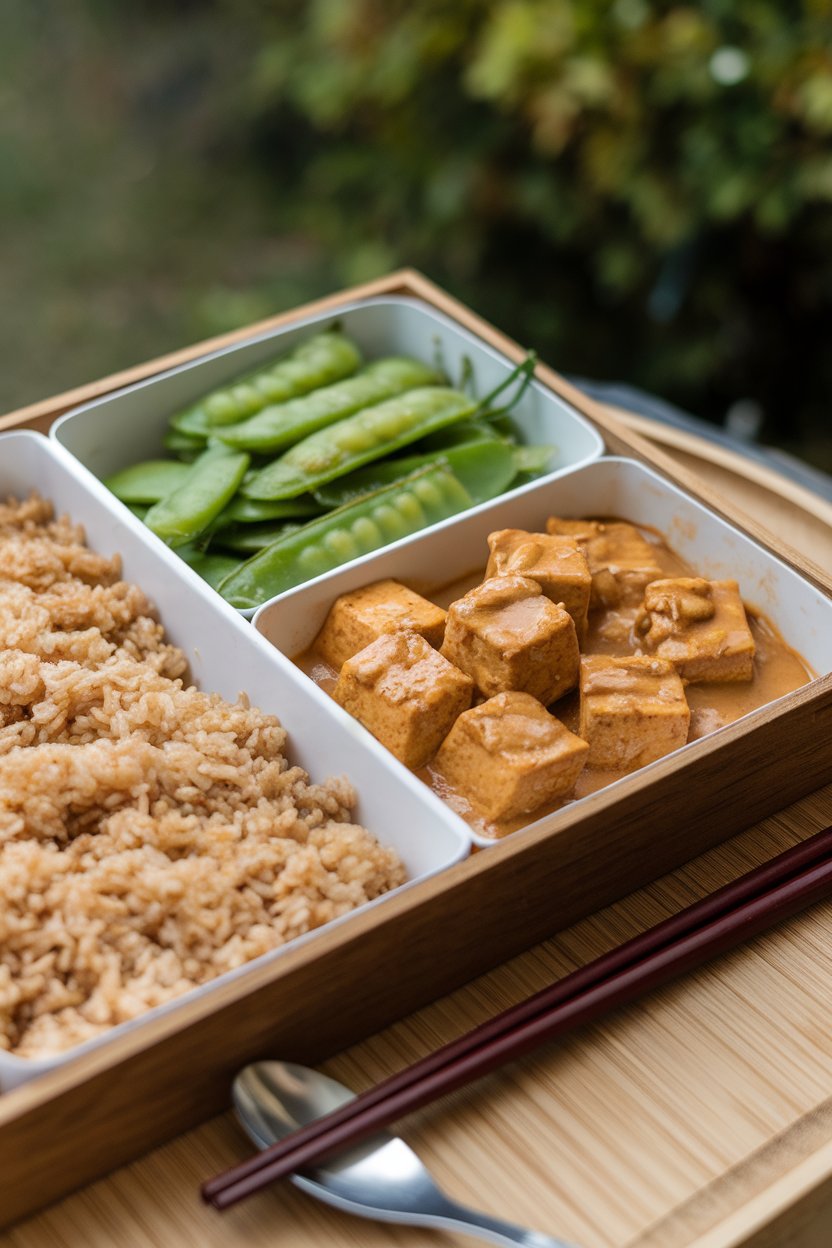 Indoor photo of divided containers holding brown rice, baked tofu cubes in peanut sauce, and steamed snap peas. No text or logos.