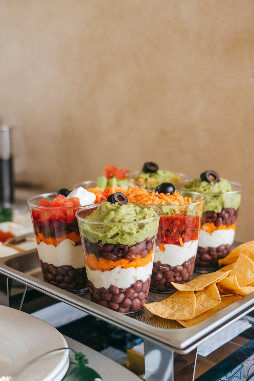 An indoor buffet showing individual clear cups layered with beans, guacamole, sour cream, salsa, cheese, olives, and diced tomatoes. No text or logos visible.